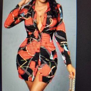 Button Down Chain Print Color Block Shirtdress